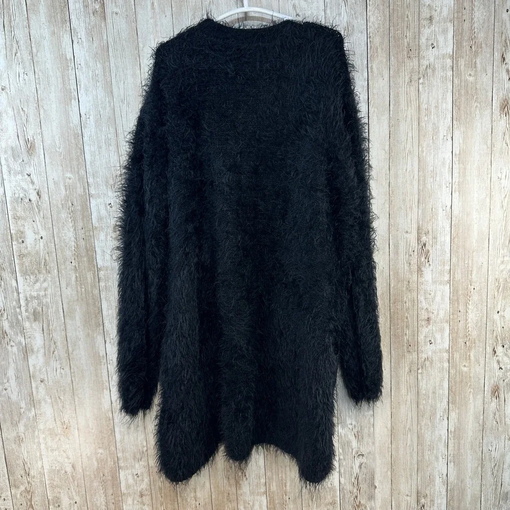 H&M Girls Black Fuzzy‎ 3/4 Lenght Cardigan Faux Leather Pockets Youth Size 8 10